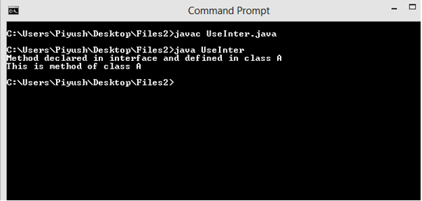 This image describes output of program supporting the concept of interfaces under abstraction in java.